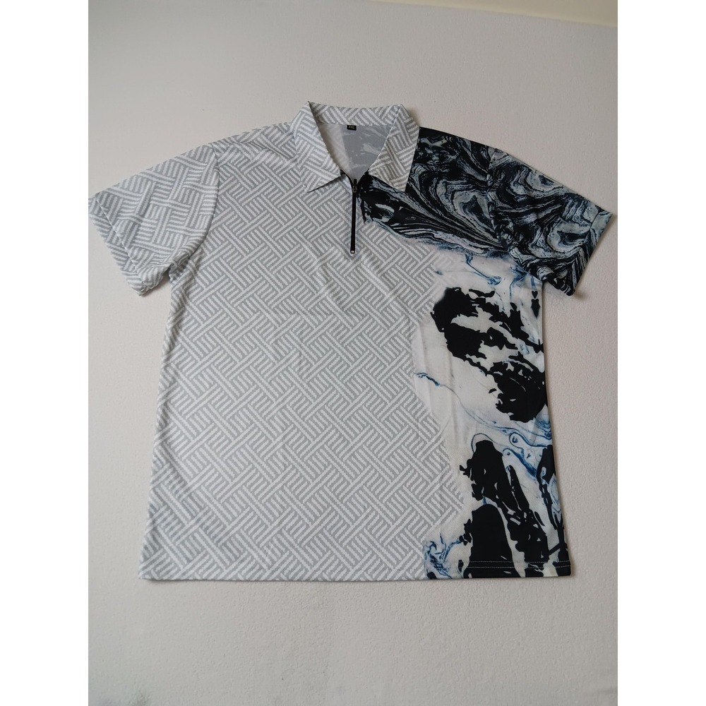 Polo Shirt Mens 2XL White Gray Geometric Marble Print Zip Performance Golf